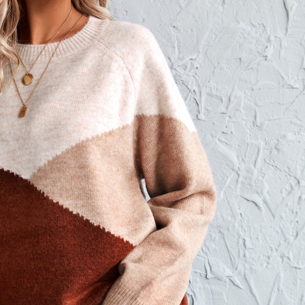 fall COZY COLOR BLOCK knit crew neck sweater - Picture 3 of 6
